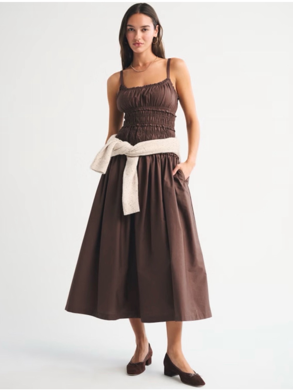Abercrombie & Fitch Bra-Free Smocked Drop-Waist Maxi Dress in the color Chestnu